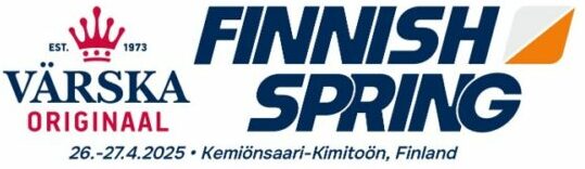 Logo tapahtumalle "Värska Originaal Finnish Spring", tapahtumapäivät 26.–27.4.2025 ja tapahtumapaikka Kemiönsaari, Suomi. Sisältää vaaleanpunaisen kruunun, tummansinisen tekstin ja oranssin korostuksen.