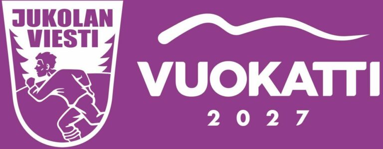 Valkoisia logoja violetilla pohjalla: vasemmalla juokseva hahmo ja teksti "Jukolan Viesti"; oikealla "Vuokatti 2027" ja tyylitelty vuoriviiva tekstin yläpuolella.