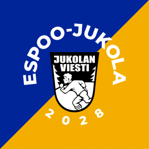 Espoo-Jukola 2028 -logo, jossa on sini-keltainen diagonaalitausta ja juoksevan hahmon esittämä kilpi sekä teksti "Jukolan Viesti". Kilven ympärille on kaartunut teksti "ESPOO-JUKOLA 2028".