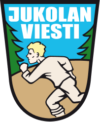 Logossa on vaaleahiuksinen mies juoksuasussa, taustalla puita ja sinistä taivasta. Kuvan yläreunassa on valkoisilla, lihavoituilla kirjaimilla kirjoitettu teksti "Jukolan Viesti".
