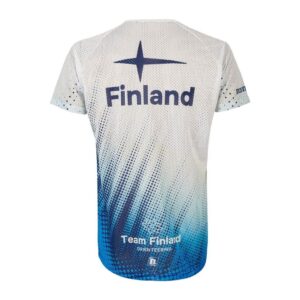 Lyhythihainen urheilupaita vaihtuu valkoisesta siniseen ja siinä on pistekuvio, selässä tähtimäinen symboli ja "Suomi" sekä "Team Finland Orienteering" lähellä alareunaa.