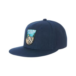 Laivastonsininen snapback-lippis, jonka etupuolella on värikäs kirjailtu laastari, joka kuvaa juoksevaa husky-koiraa ja jonka yläpuolella on teksti "IDITAROD QUEST!".