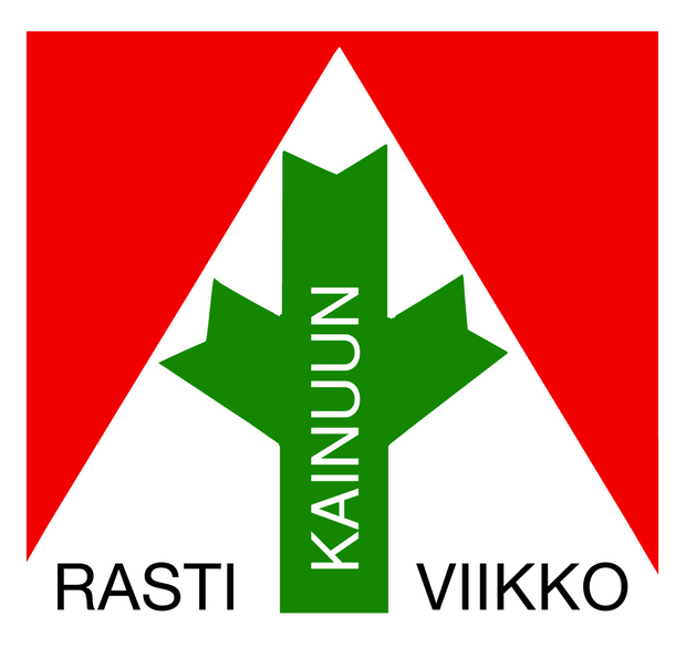 Logo, jossa on punainen kolmio ja vihreä nuoli, pystysuunnassa sana "KAINUUN" ja alakulmissa mustalla teksti "RASTI VIIKKO".