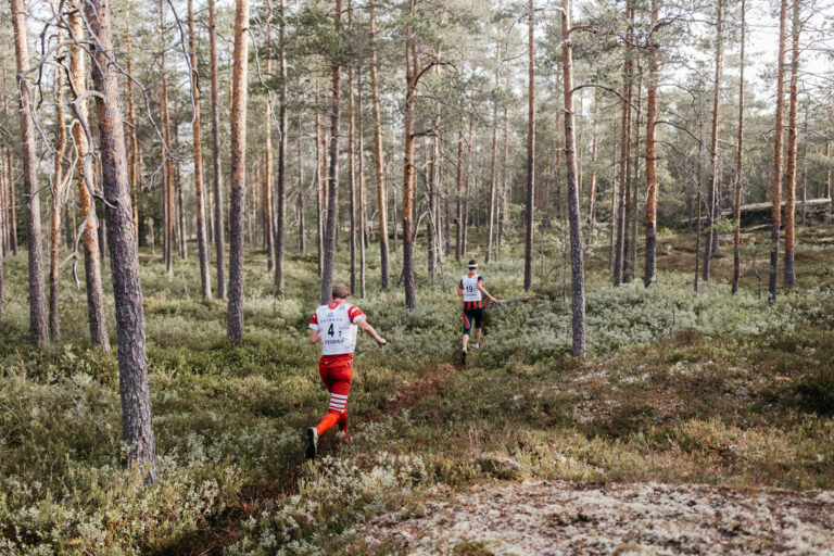 Kaksi urheiluvarusteisiin ja numeroituihin liiveihin pukeutunutta ihmistä juoksee tiheän metsän läpi, jossa on korkeita puita ja vihreää aluskasvillisuutta, osallistuen suunnistustapahtumaan.