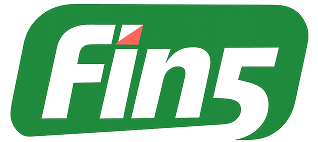 Fin5-logossa on sana "Fin5" valkoisella, tyylitellyllä tekstillä vihreällä, pyöristetyllä suorakaiteen muotoisella taustalla ja pieni punainen kolmio "i"-kirjaimen yläpuolella.