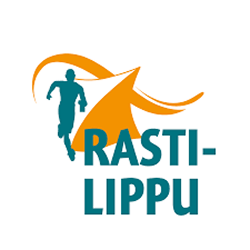 Logo, jossa on juoksevan ihmisen sinivihreä siluetti, oranssi kolmiomuoto pyörteellä ja grafiikan alapuolella lihavoiduilla sinivihreällä tekstillä ”RASTI-LIPPU”.