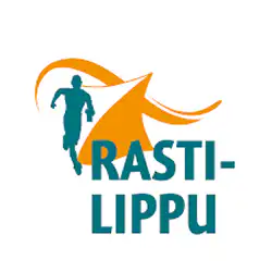 Logo, jossa on juoksevan ihmisen sinivihreä siluetti, oranssi kolmiomuoto pyörteellä ja grafiikan alapuolella lihavoiduilla sinivihreällä tekstillä ”RASTI-LIPPU”.