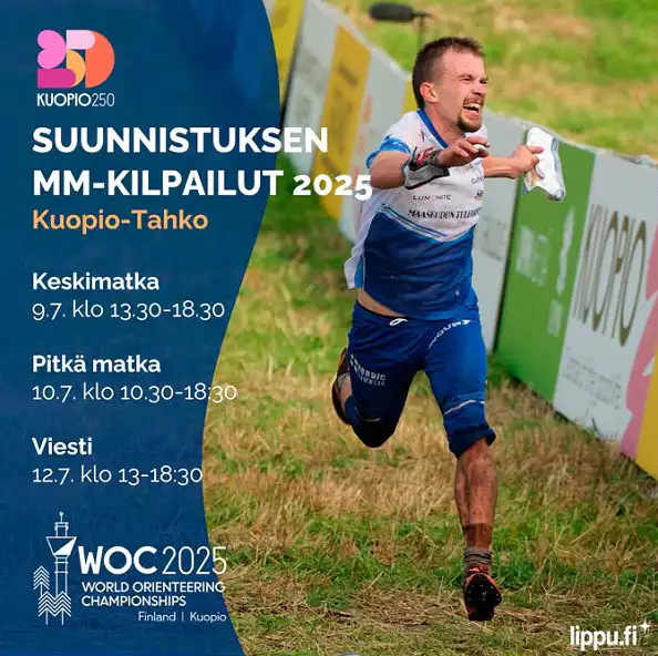 Urheiluvarusteisiin pukeutunut miespuolinen suunnistaja juoksee ulkona kartta kädessään. Kuopio-Tahkolla vuonna 2025 järjestettävien suunnistuksen MM-kilpailujen tapahtumatiedot sekä eri kilpailujen päivämäärät ja kellonajat on lueteltu.