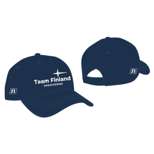 Tummansininen lippalakki edestä ja takaa. Edessä teksti "Team Finland Orienteering" valkoisella tähtilogolla, ja takana on valkoinen logo sivulla. Lippiksessä on kaareva lippa ja säädettävä hihna.