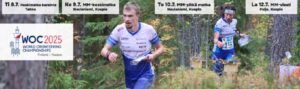 Kolme suunnistajaa juoksee metsässä kartat kädessä. Banderollissa mainostetaan vuoden 2025 MM-kilpailuja Kuopiossa, Suomessa, ja juoksijoiden yläpuolella näkyy tapahtumien päivämäärät ja paikat.