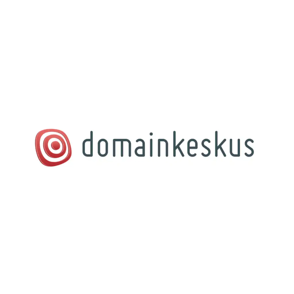 Punainen ja valkoinen pyöreä maalitaulua muistuttava kuvake on vasemmalla puolella sanaa "domainkeskus", joka on kirjoitettu pienillä harmailla kirjaimilla valkoisella pohjalla.