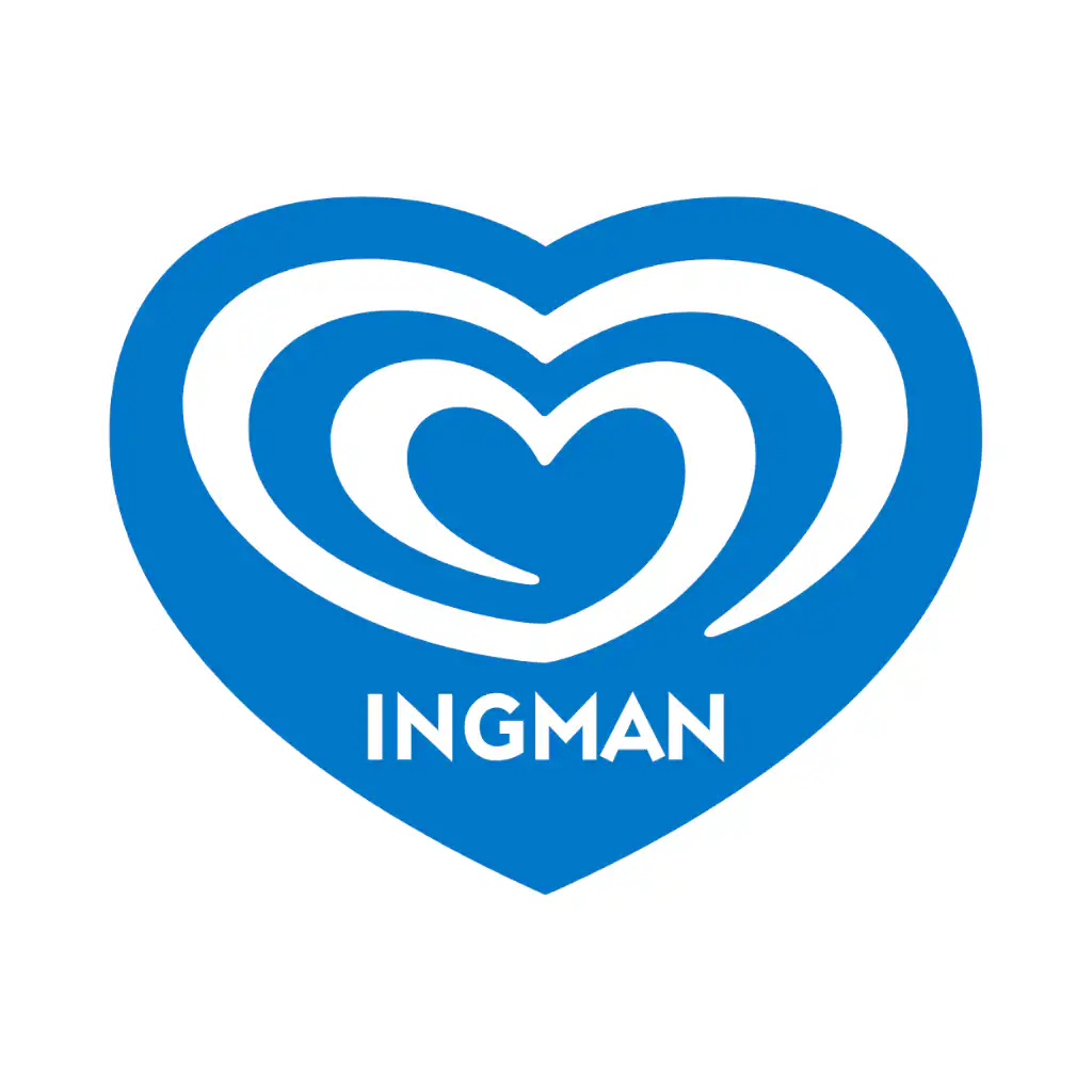 Sininen sydämen muotoinen logo, jonka sisällä on kolme valkoista, pyörivää sydäntä ja keskellä alhaalla lihavoitu sana "INGMAN" valkoisin kirjaimin.