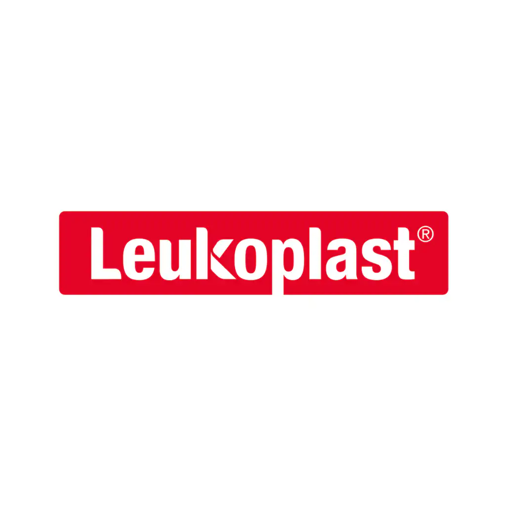 Kuvassa on Leukoplastin logo, jossa on sana "Leukoplast" valkoisin lihavoin kirjaimin punaisella suorakulmaisella taustalla.