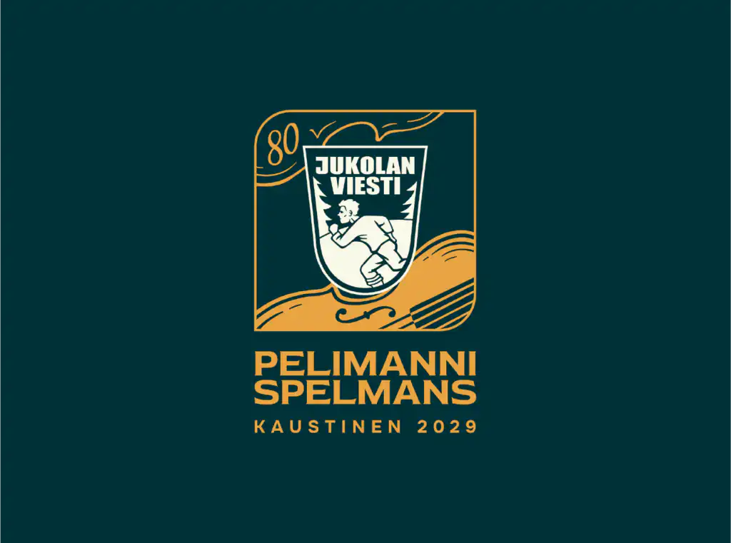 Logo, jossa juokseva hahmo, joka pitää pamppua kilven sisällä ja jossa lukee "Jukolan Viesti". Yläpuolella lukee "80" ja alapuolella on tummanvihreällä pohjalla kultaisella teksti "Pelimanni Spelmans Kaustinen 2029".
