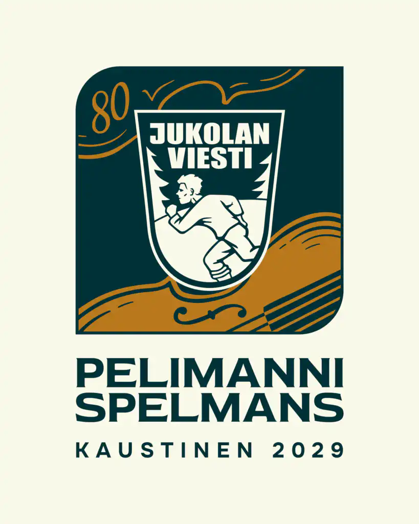 80. Jukolan Viesti -tapahtuman logo, jossa on juokseva henkilö ja kartta kilven sisällä, tyylitelty viulu ja teksti: "Pelimanni Spelmans Kaustinen 2029.