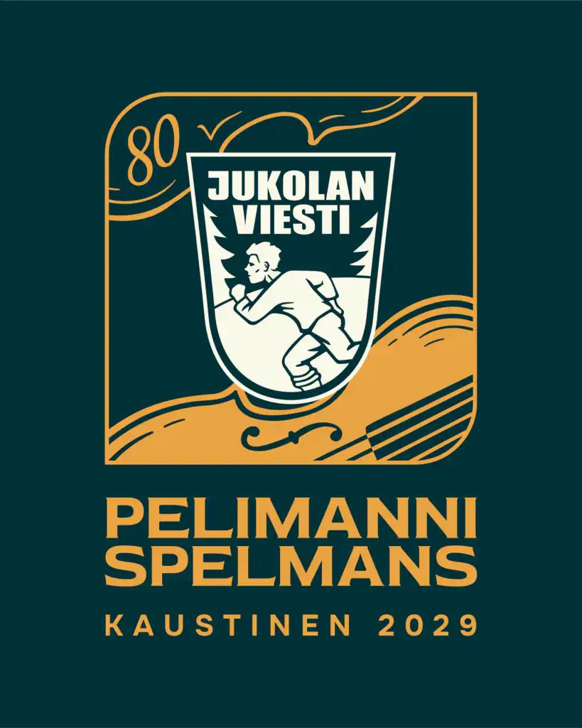 Tyylitelty logo, jossa on kilpi, jossa on juokseva henkilö, teksti "Jukolan Viesti" ja "80". Alla teksti "Pelimanni Spelmans Kaustinen 2029" lihavoituna tummalla pohjalla.